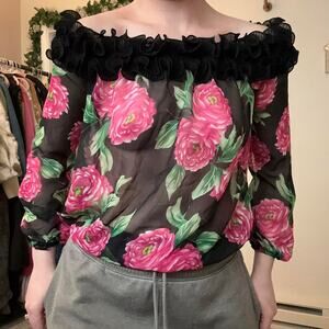 vintage forever 21 sheer Pink floral off the shoulder blouse black ruffle trim